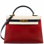 Hermès Vintage 1994 Kelly 32 Sellier Rouge Vif/Parchemin/Bleu Marine Box Calf Gold Hardware