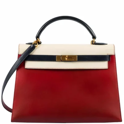 Hermès Vintage 1994 Kelly 32 Sellier Rouge Vif/Parchemin/Bleu Marine Box Calf Gold Hardware