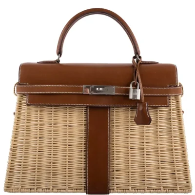 Hermès 2018 Kelly 35 Picnic Wicker & Barenia Palladium Hardware