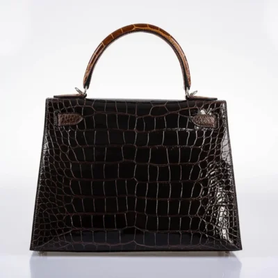 Hermès HSS 2021 Kelly 28 Sellier Macassar/Ebene/Miel/Extreme Rose Shiny Alligator Mississippiensis Palladium Hardware Luxury replica handbags