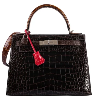 Hermès HSS 2021 Kelly 28 Sellier Macassar/Ebene/Miel/Extreme Rose Shiny Alligator Mississippiensis Palladium Hardware