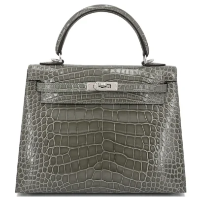 Hermès 2024 Kelly 25 Sellier Gris Ciment Shiny Alligator Mississippiensis Palladium Hardware