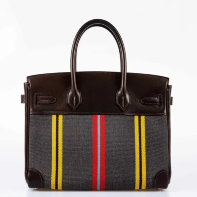 Hermès Birkin 30 Marron Fonce/Colorful Wool Jumping Canvas & Box Calf Palladium Hardware