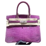 Hermès Rare Collectible Birkin 30 Purple Violet Shiny Porosus Crocodile Diamond Encrusted 18k White Gold Hardware Lushentic quality