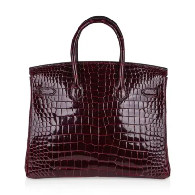 Hermès Rare Collectible Birkin 35 Bordeaux Shiny Porosus Crocodile Diamond Encrusted 18k White Gold Hardware