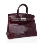 Hermès Rare Collectible Birkin 35 Bordeaux Shiny Porosus Crocodile Diamond Encrusted 18k White Gold Hardware