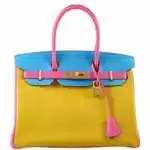 Hermès HSS 2014 Birkin 30 Rose Lipstick/Blue Aztec/Cumin Chevre Brushed Gold Hardware