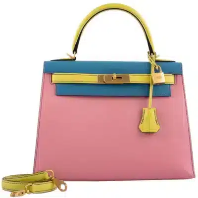 Hermès HSS 2019 Kelly 28 Sellier Tri-Color Rose Confetti/Lime/Blue Aztec Chevre Brushed Gold Hardware