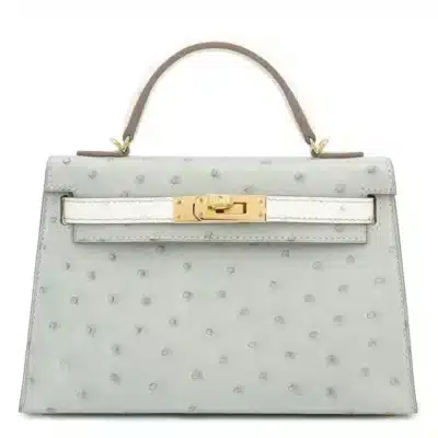 Hermès HSS 2023 Mini Kelly II Gris Perle and Beton Ostrich Gold Hardware