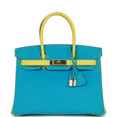 Hermès HSS Birkin 30 Bleu Turquoise and Lime Chevre Gold Hardware