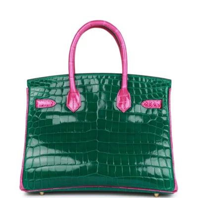 Hermès HSS Birkin 30 Emerald and Rose Scheherazade Shiny Niloticus Crocodile Brushed Gold Hardware