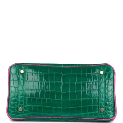 Hermès HSS Birkin 30 Emerald and Rose Scheherazade Shiny Niloticus Crocodile Brushed Gold Hardware