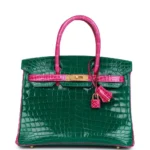 Hermès HSS Birkin 30 Emerald and Rose Scheherazade Shiny Niloticus Crocodile Brushed Gold Hardware