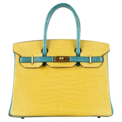 Hermès HSS Birkin 30 Mimosa And Bleu Paon Matte Porosus Crocodile Brushed Gold Hardware