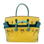 Hermès HSS Birkin 30 Mimosa And Bleu Paon Matte Porosus Crocodile Brushed Gold Hardware Luxury replica handbag