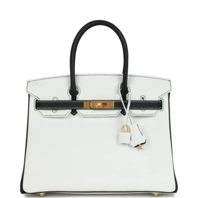 Hermès HSS Birkin 30 White and Black Clemence Brushed Gold Hardware