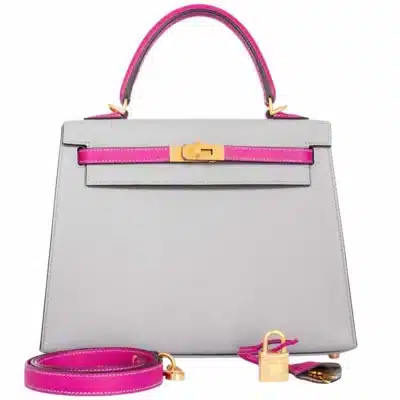 Hermès HSS Kelly 25 Sellier Bi-Color Gris Mouette and Magnolia Epsom Brushed Gold Hardware Replica Quality