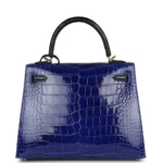 Hermès HSS Kelly 25 Sellier Bleu Electric and Bleu Marine Shiny Alligator Mississippiensis Gold Hardware