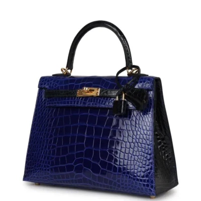 Hermès HSS Kelly 25 Sellier Bleu Electric and Bleu Marine Shiny Alligator Mississippiensis Gold Hardware