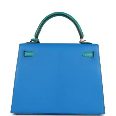 Hermès HSS Kelly 25 Sellier Bleu Hydra and Bleu Paon Chevre Mysore Gold Hardware Luxury replica handbags