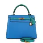 Hermès HSS Kelly 25 Sellier Bleu Hydra and Bleu Paon Chevre Mysore Gold Hardware Luxury replica handbags