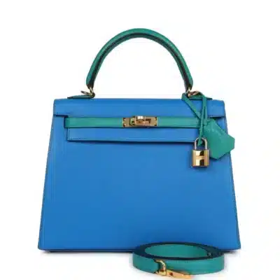 Hermès HSS Kelly 25 Sellier Bleu Hydra and Bleu Paon Chevre Mysore Gold Hardware