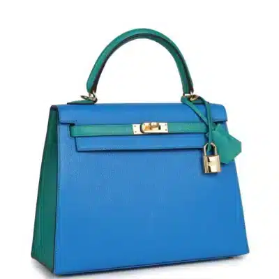 Hermès HSS Kelly 25 Sellier Bleu Hydra and Bleu Paon Chevre Mysore Gold Hardware Luxury replica handbags