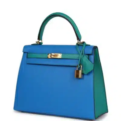 Hermès HSS Kelly 25 Sellier Bleu Hydra and Bleu Paon Chevre Mysore Gold Hardware Luxury replica handbags