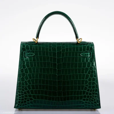 Hermès HSS Kelly 25 Sellier Emerald and Cassis Shiny Niloticus Crocodile Brushed Gold Hardware replica bags