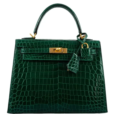 Hermès HSS Kelly 25 Sellier Emerald and Cassis Shiny Niloticus Crocodile Brushed Gold Hardware replica bags