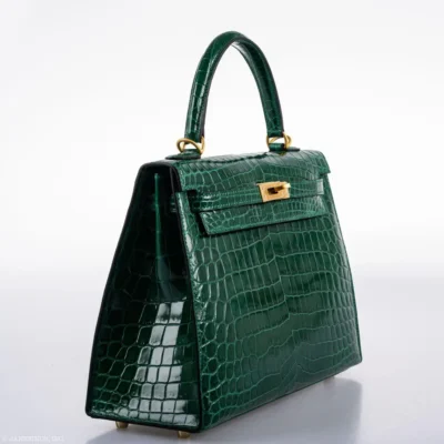 Hermès HSS Kelly 25 Sellier Emerald and Cassis Shiny Niloticus Crocodile Brushed Gold Hardware replica bags