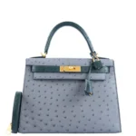 Hermès HSS Kelly 28 Sellier Gris Agate and Vert Titien Ostrich Brushed Gold Hardware