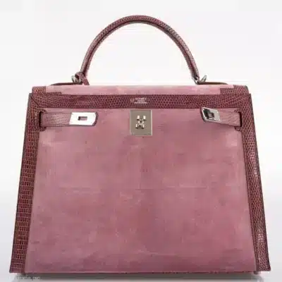 Hermès Kelly 32 Sellier Mauve/Rose Indienne Doblis Suede & Niloticus Lizard Palladium Hardware