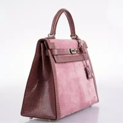 Hermès Kelly 32 Sellier Mauve/Rose Indienne Doblis Suede & Niloticus Lizard Palladium Hardware