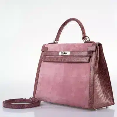 Hermès Kelly 32 Sellier Mauve/Rose Indienne Doblis Suede & Niloticus Lizard Palladium Hardware