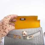 Hermès HSS Mini Kelly 20 Sellier Gris Perle and Jaune Ambre Interior Matte Alligator Mississippiensis Permabrass Hardware Lushentic Bags