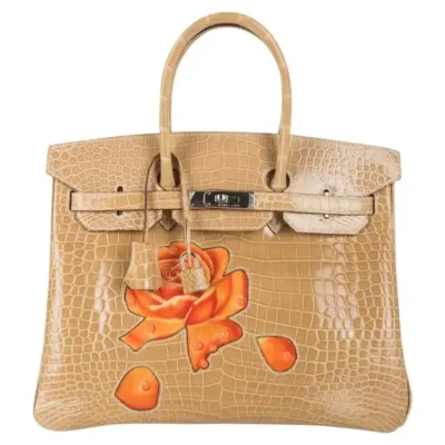 Hermès HSS Rare Collectible Birkin 35 Poussiere Dewdrop And Roses Shiny Porosus Crocodile One of a Kind Palladium Hardware