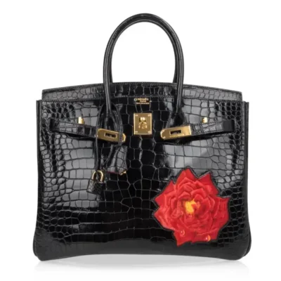 Hermès HSS Rare Collectible Birkin 35 Shiny Porosus Crocodile Black And Red La Rosee One of a Kind Bag Gold Hardware