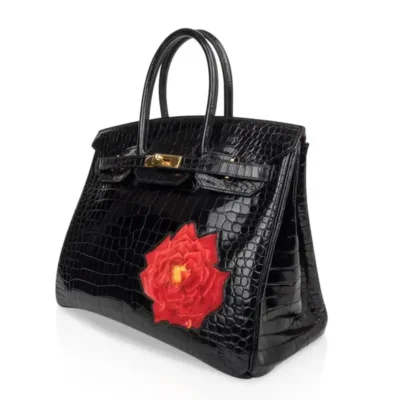 Hermès HSS Rare Collectible Birkin 35 Shiny Porosus Crocodile Black And Red La Rosee One of a Kind Bag Gold Hardware