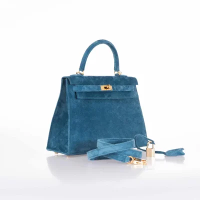 Hermès Kelly 25 Blue Thalassa Suede Gold Hardware replica bags