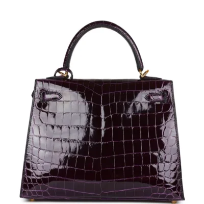 Hermès Kelly 25 Sellier Aubergine Shiny Niloticus Crocodile Gold Hardware