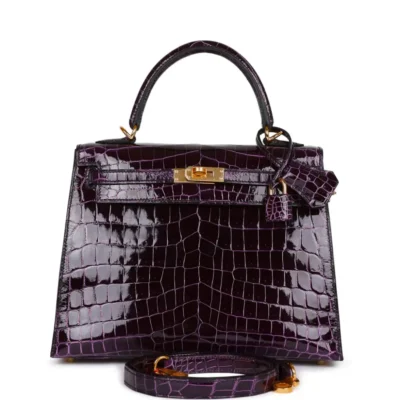 Hermès Kelly 25 Sellier Aubergine Shiny Niloticus Crocodile Gold Hardware