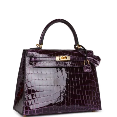 Hermès Kelly 25 Sellier Aubergine Shiny Niloticus Crocodile Gold Hardware