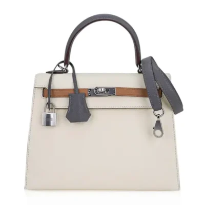 Hermès Kelly 25 Sellier Nata/Chai/Gris Meyer Epsom Palladium Hardware