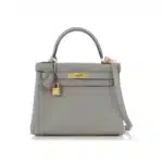 Hermès Kelly 28 Gris Mouette and Rose Indien Clémence Brushed Gold Hardware Lushentic Grade bags