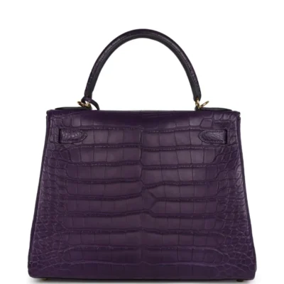 Hermès Kelly 28 Retourne Amethyst Matte Alligator Mississippiensis Gold Hardware Lushentic inspired bags