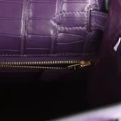 Hermès Kelly 28 Retourne Amethyst Matte Alligator Mississippiensis Gold Hardware Lushentic inspired bags