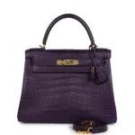 Hermès Kelly 28 Retourne Amethyst Matte Alligator Mississippiensis Gold Hardware Lushentic inspired bags