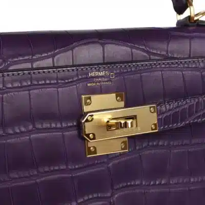 Hermès Kelly 28 Retourne Amethyst Matte Alligator Mississippiensis Gold Hardware Lushentic inspired bags