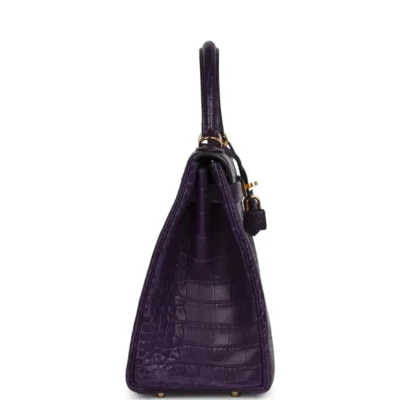 Hermès Kelly 28 Retourne Amethyst Matte Alligator Mississippiensis Gold Hardware Lushentic inspired bags